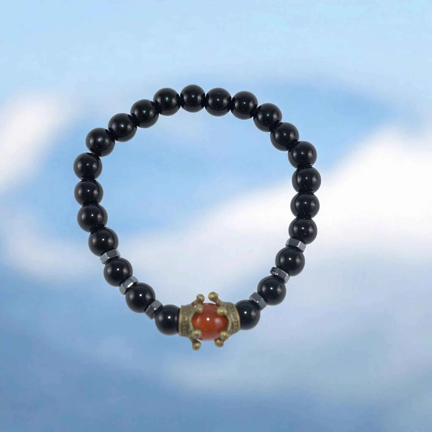 Bracelet Homme Onyx Agate Rouge Couronne - Pierre Naturelle Royale La Réunion