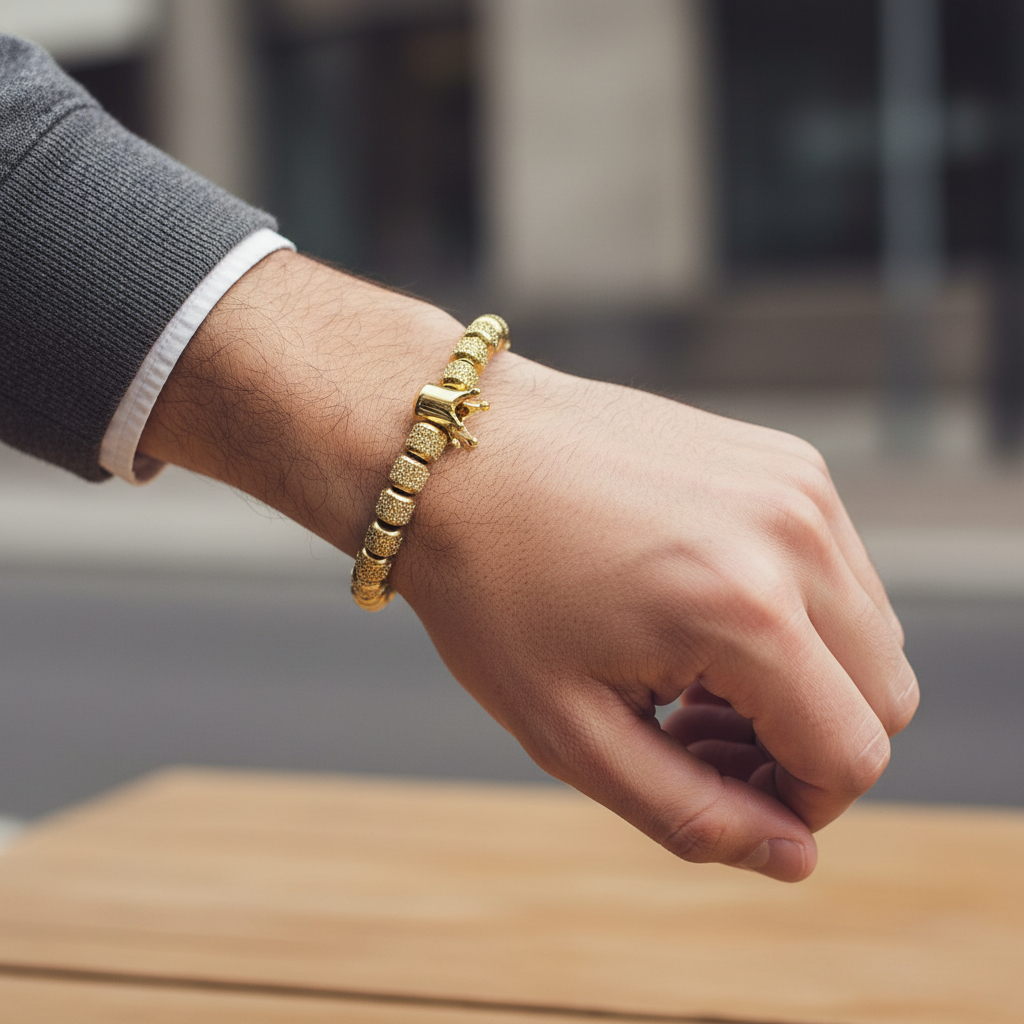 Bracelet homme en titane doré réglable avec couronne porté au poignet