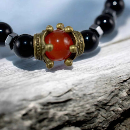 Bracelet Homme Onyx Agate Rouge Couronne - Pierre Naturelle Royale La Réunion
