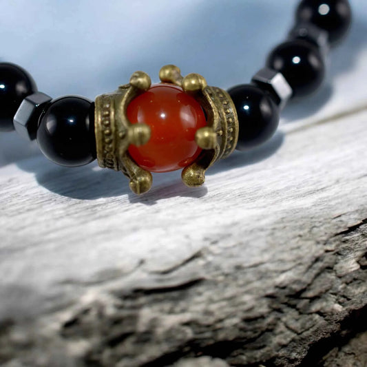Bracelet Homme Onyx Agate Rouge Couronne - Pierre Naturelle Royale La Réunion