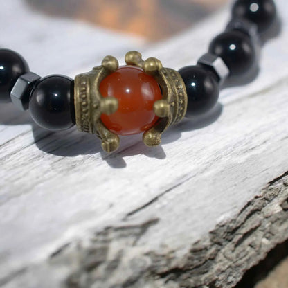 Bracelet Homme Onyx Agate Rouge Couronne - Pierre Naturelle Royale La Réunion