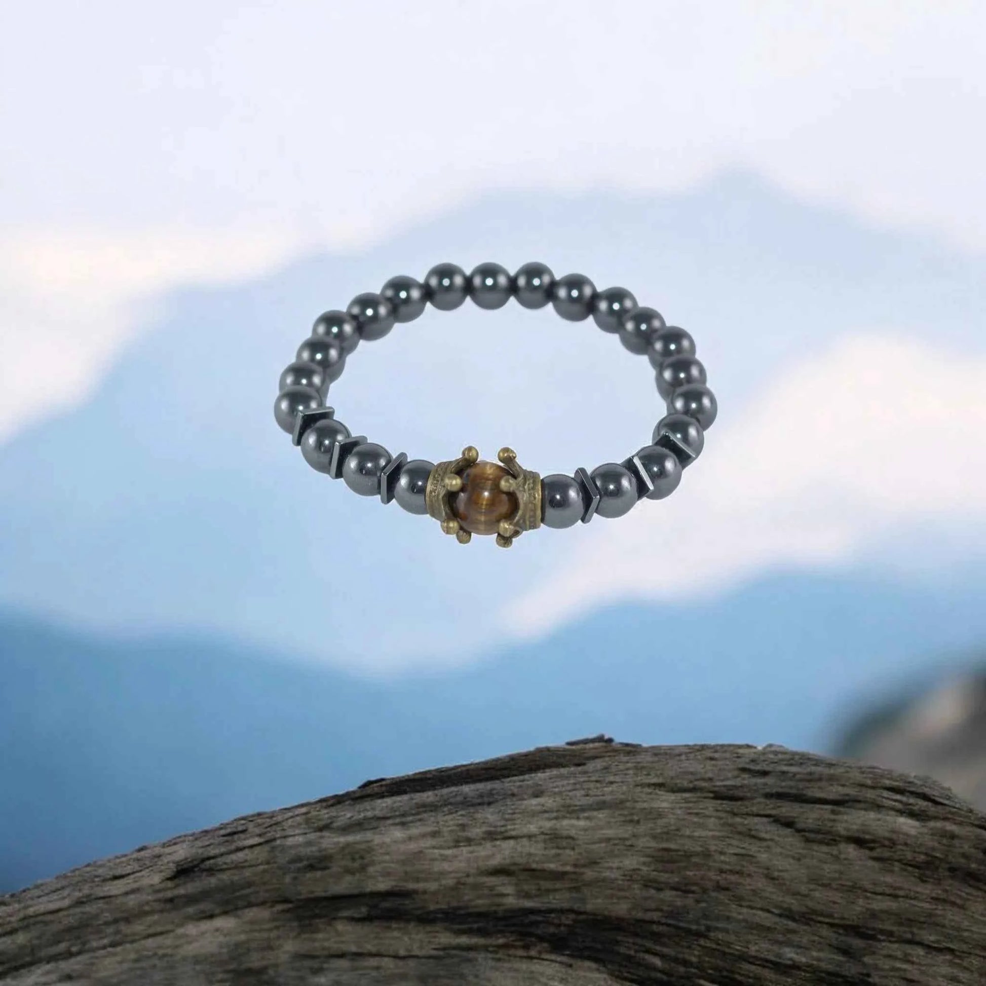 Bracelet Homme Hématite Œil de Tigre Couronne - Pierre Naturelle La Réunion