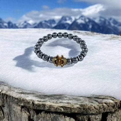 Bracelet Homme Hématite Œil de Tigre Couronne - Pierre Naturelle La Réunion