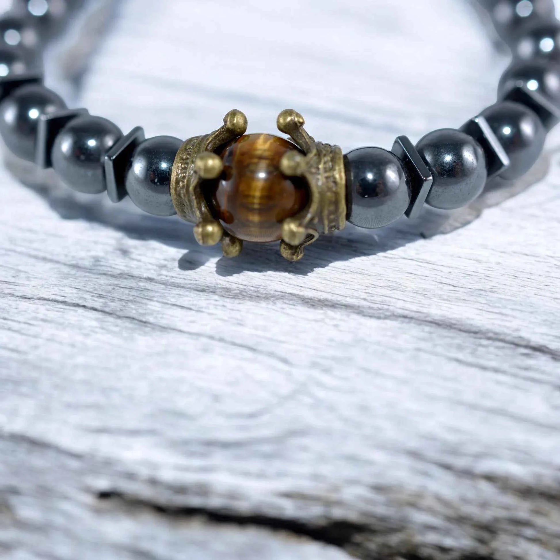 Bracelet Homme Hématite Œil de Tigre Couronne - Pierre Naturelle La Réunion