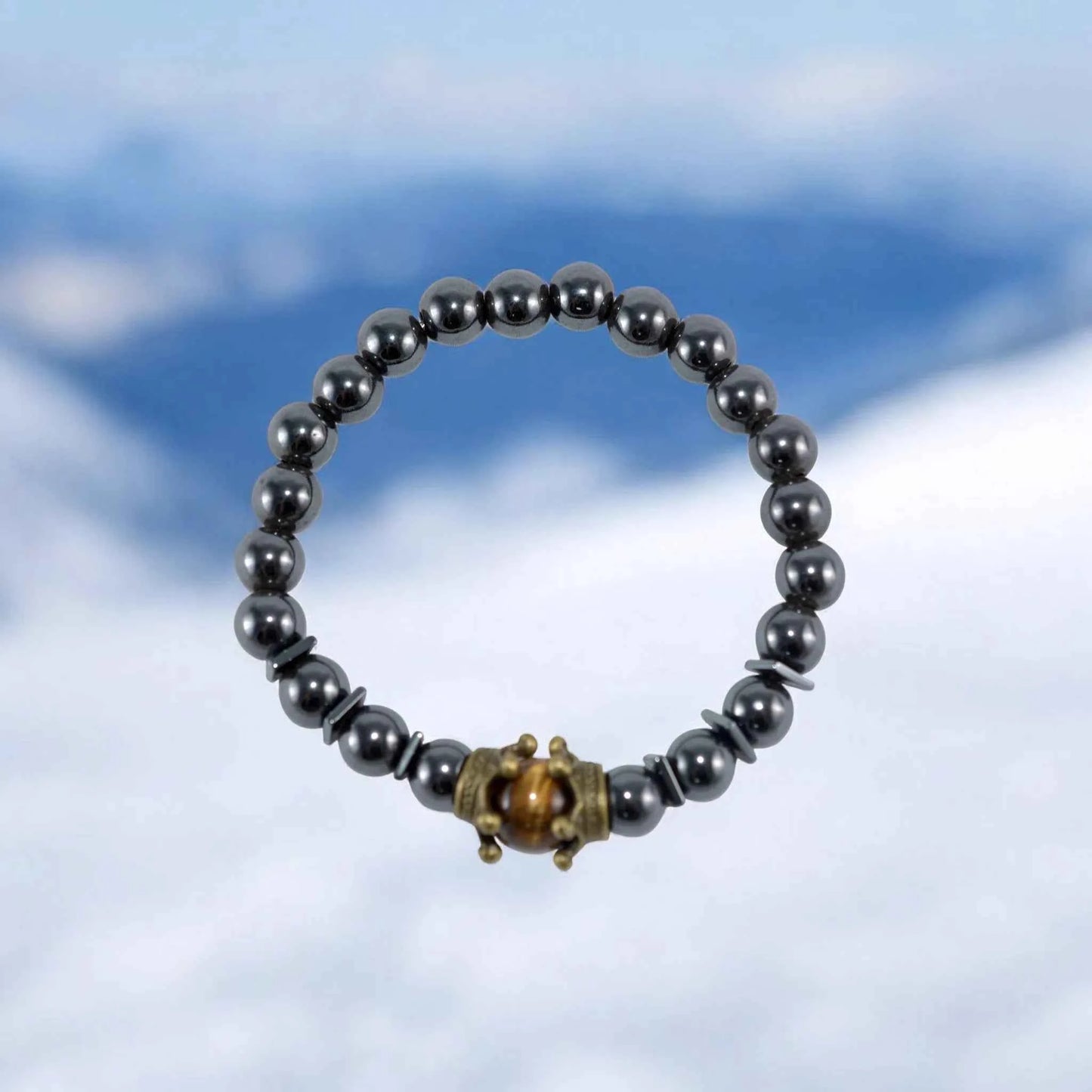 Bracelet Homme Hématite Œil de Tigre Couronne - Pierre Naturelle La Réunion