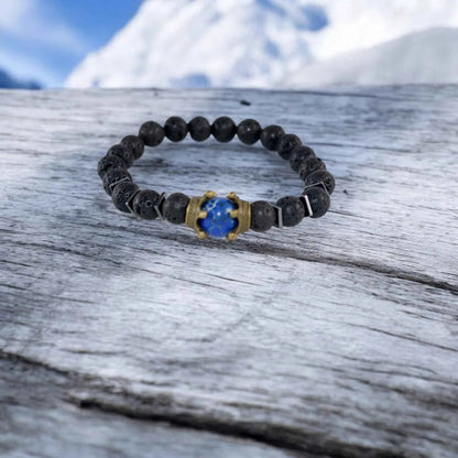 Bracelet Homme Pierre de Lave et Lapis Lazuli Couronne - Bijou Volcanique La Réunion