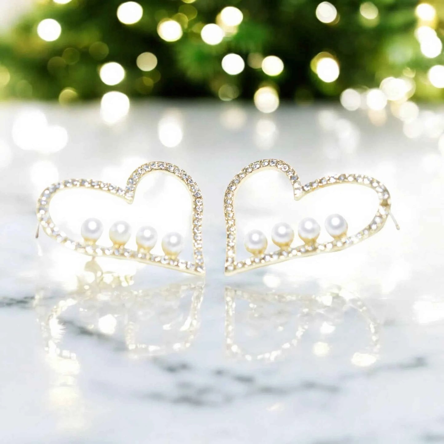 Boucles d'Oreilles Cœur Perles et imitation Diamants - Bijoux Mariage Femme La Réunion