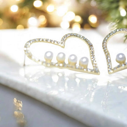 Boucles d'Oreilles Cœur Perles et imitation Diamants - Bijoux Mariage Femme La Réunion