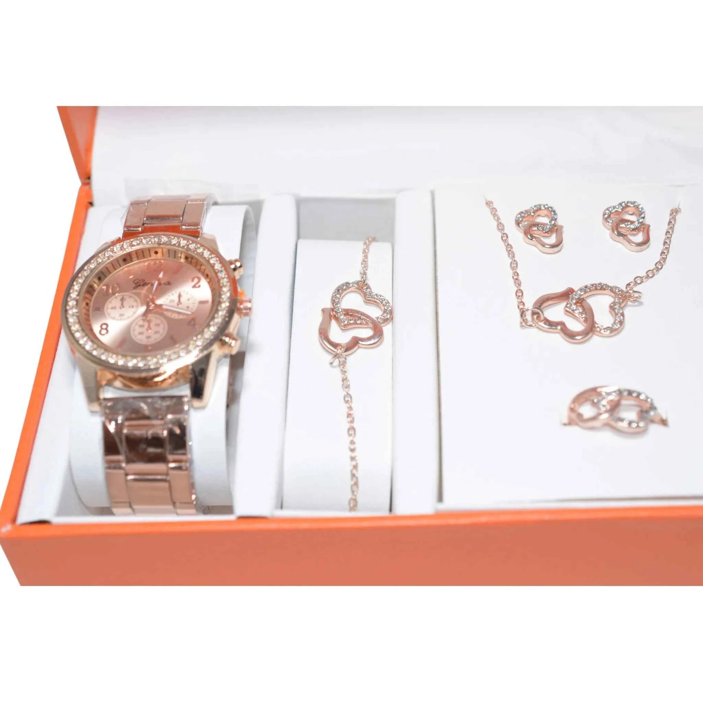 Coffret Cadeau Bijoux Femme 5 Pièces - Montre Bracelet Collier Bague Boucles d'Oreilles Doré La Réunion