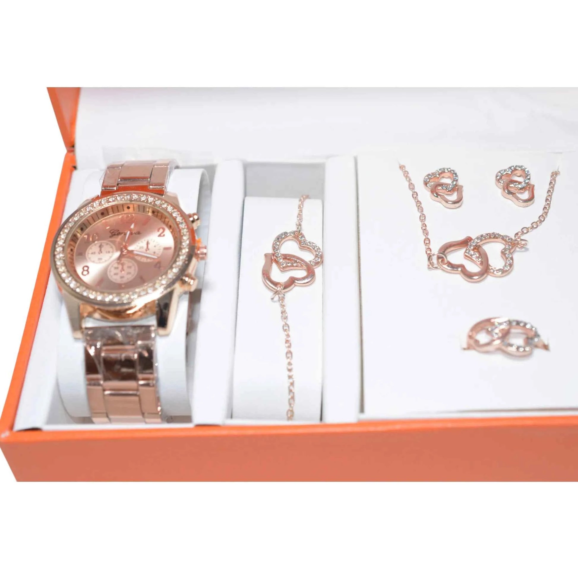 Coffret Cadeau Bijoux Femme 5 Pièces - Montre Bracelet Collier Bague Boucles d'Oreilles Doré La Réunion