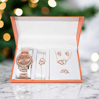 Coffret Cadeau Bijoux Femme 5 Pièces - Montre Bracelet Collier Bague Boucles d'Oreilles Doré La Réunion