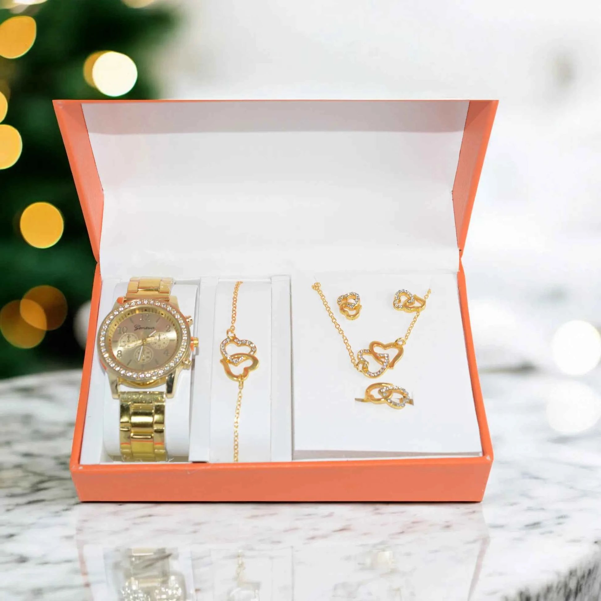 Coffret Cadeau Bijoux Femme 5 Pièces - Montre Bracelet Collier Bague Boucles d'Oreilles Doré La Réunion