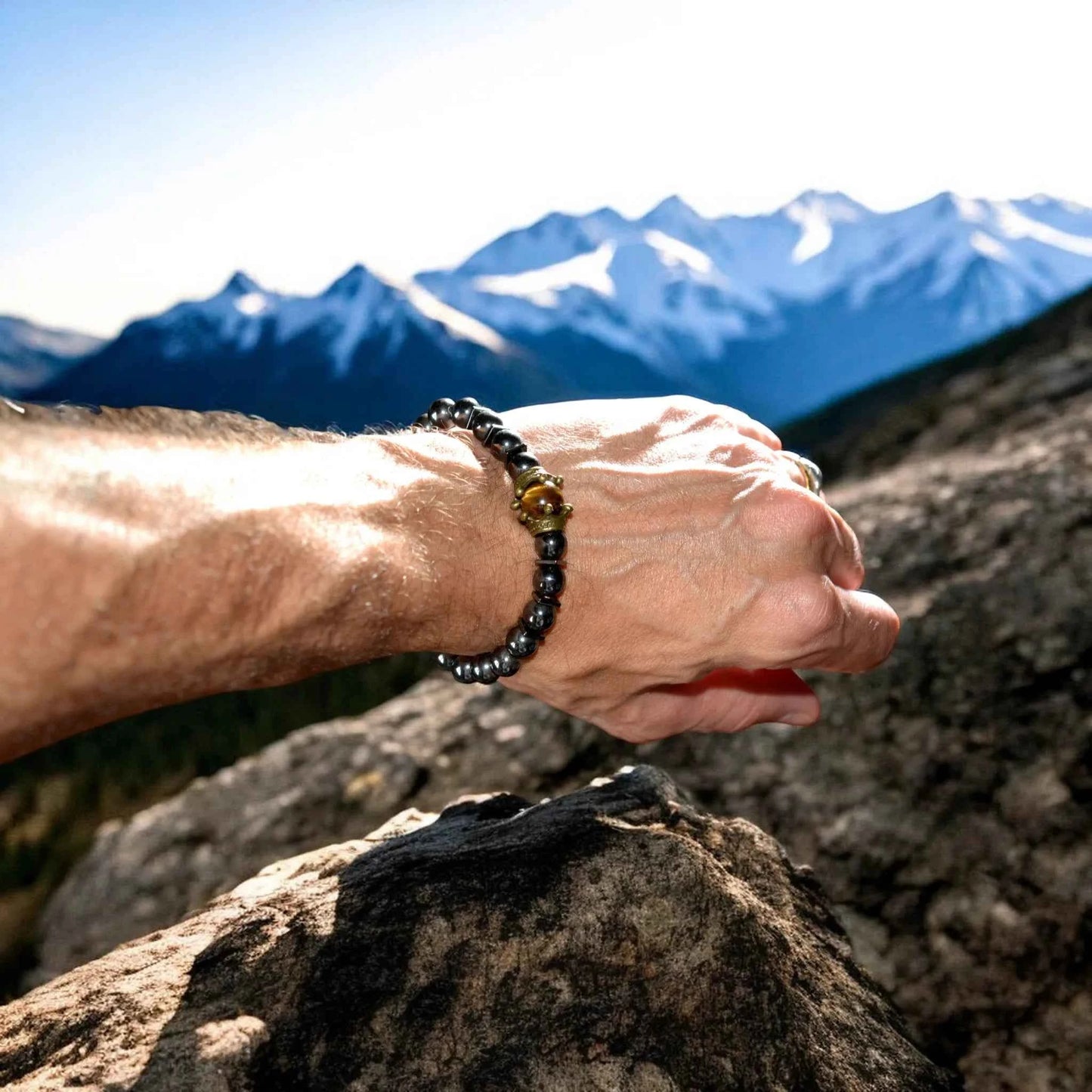 Bracelet Homme Hématite Œil de Tigre Couronne - Pierre Naturelle La Réunion