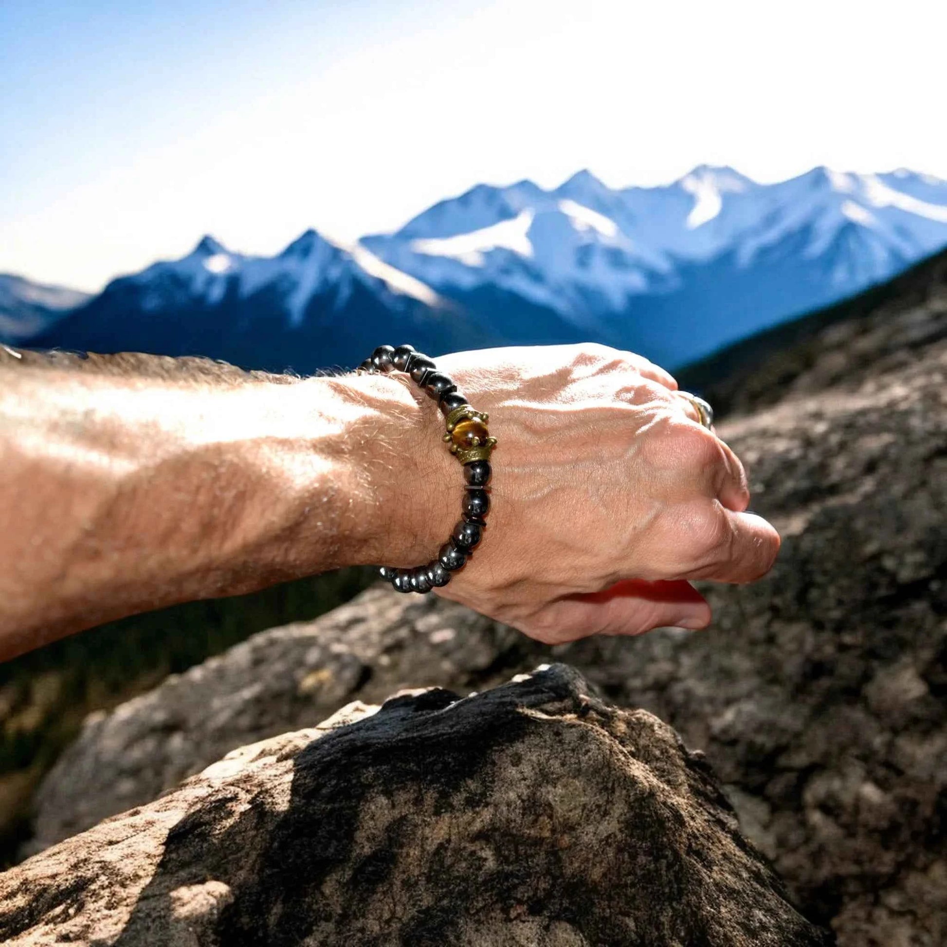 Bracelet Homme Hématite Œil de Tigre Couronne - Pierre Naturelle La Réunion