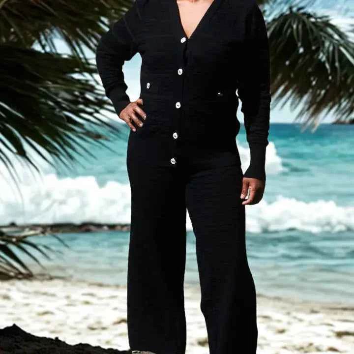 Ensemble 2 pièces noir – Pantalon large & gilet boutonné (Taille unique) - reunivente.re