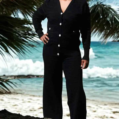 Ensemble 2 pièces noir – Pantalon large & gilet boutonné (Taille unique) - reunivente.re
