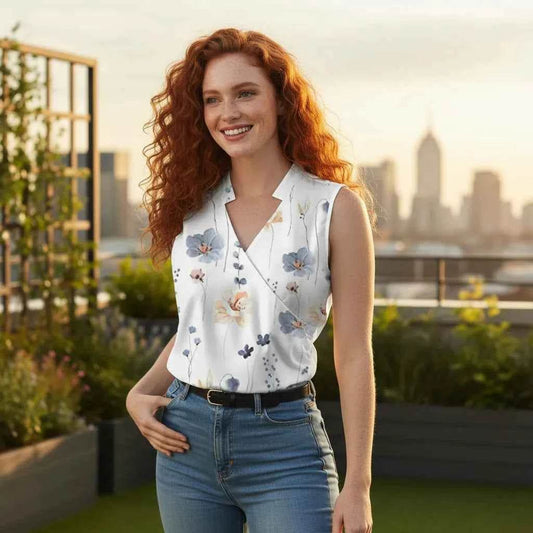Haut à fleurs col ouvert blanc – coton & viscose légère - reunivente.re