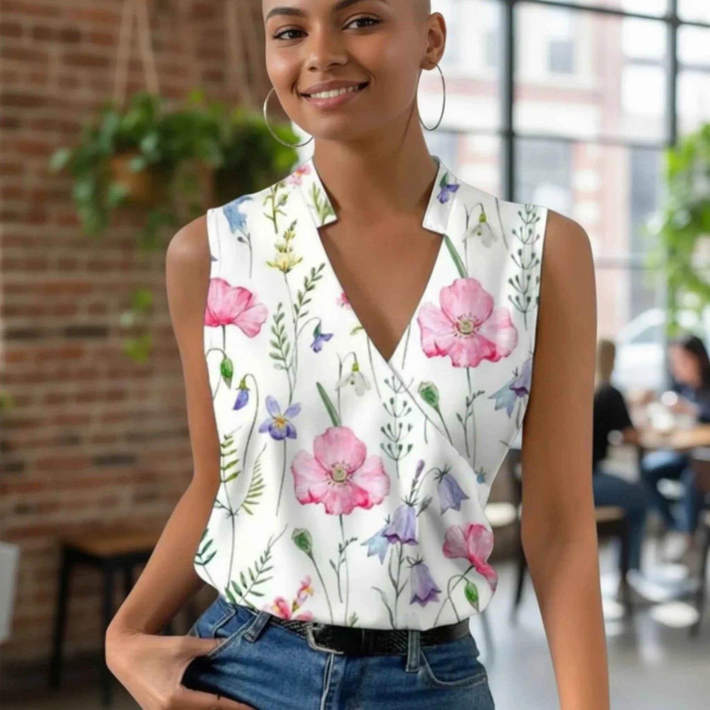 Haut à fleurs col ouvert blanc – coton & viscose légère - reunivente.re