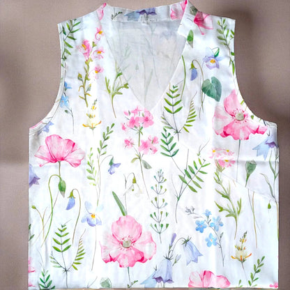 Haut à fleurs col ouvert blanc – coton & viscose légère - reunivente.re