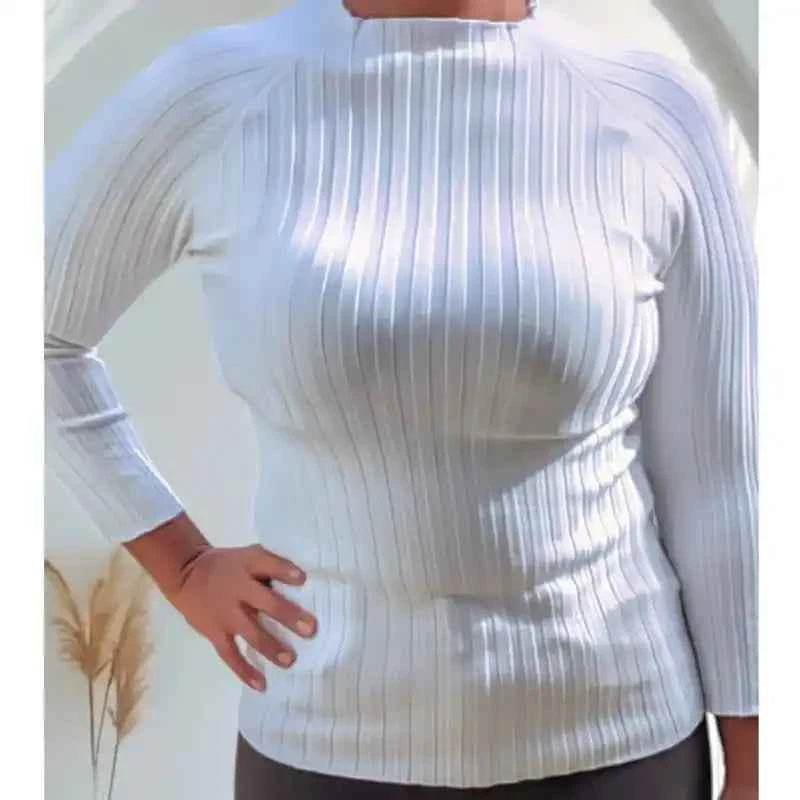 Haut Femme Maille Côtelée Blanche Manches 3/4 Extensible - Reunivente.re