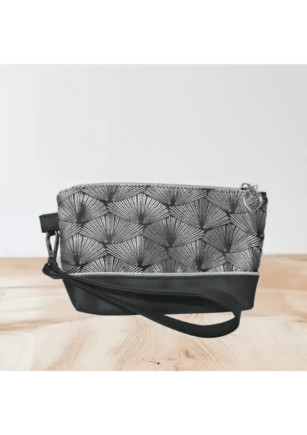 Pochette Noir Élégante Motif Graphique Art Déco - Simili Cuir avec Dragonne - Reunivente.re
