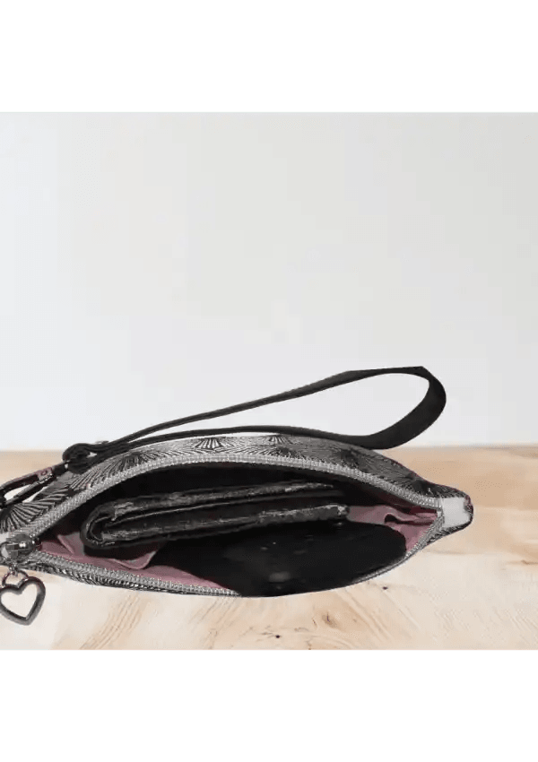 Pochette Noir Élégante Motif Graphique Art Déco - Simili Cuir avec Dragonne - Reunivente.re