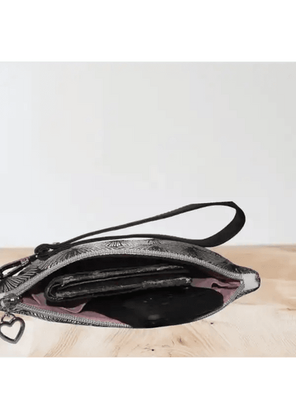 Pochette Noir Élégante Motif Graphique Art Déco - Simili Cuir avec Dragonne - Reunivente.re