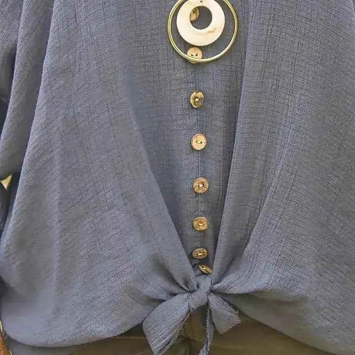 Top à boutons en viscose bleu marine + collier – Élégance tropicale - Reunivente.re