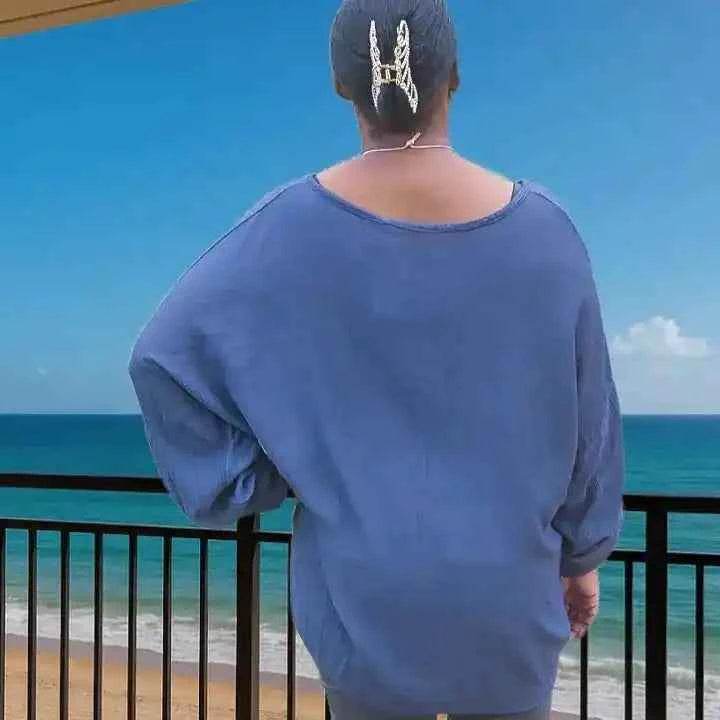 Top à boutons en viscose bleu marine + collier – Élégance tropicale - Reunivente.re