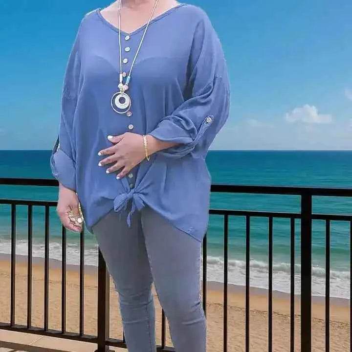 Top à boutons en viscose bleu marine + collier – Élégance tropicale - Reunivente.re